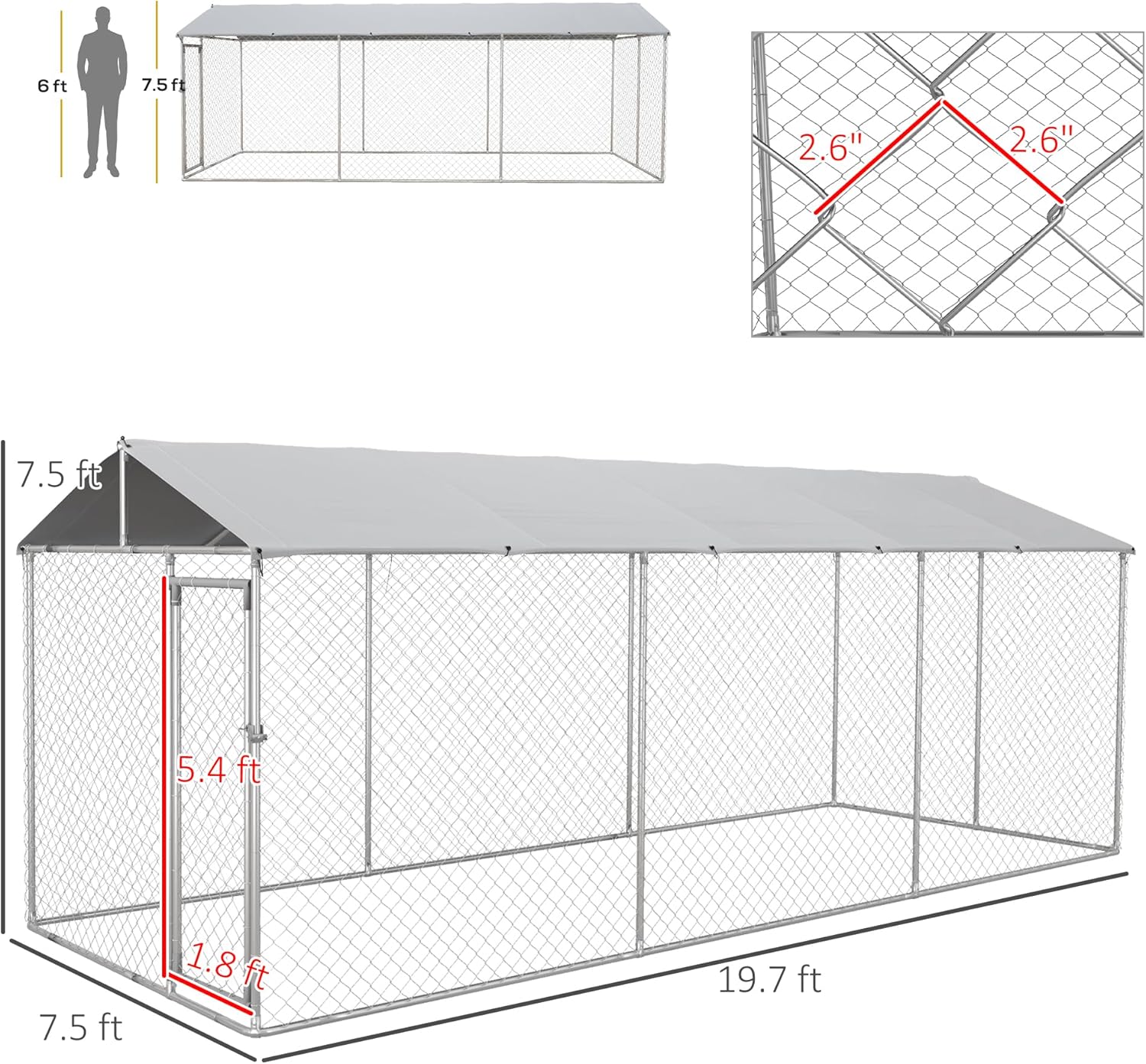Large Heavy Duty Dog Kennel with Waterproof Cover, Galvanized Chain Link, 19.7' x 7.5' x 7.5' M920164