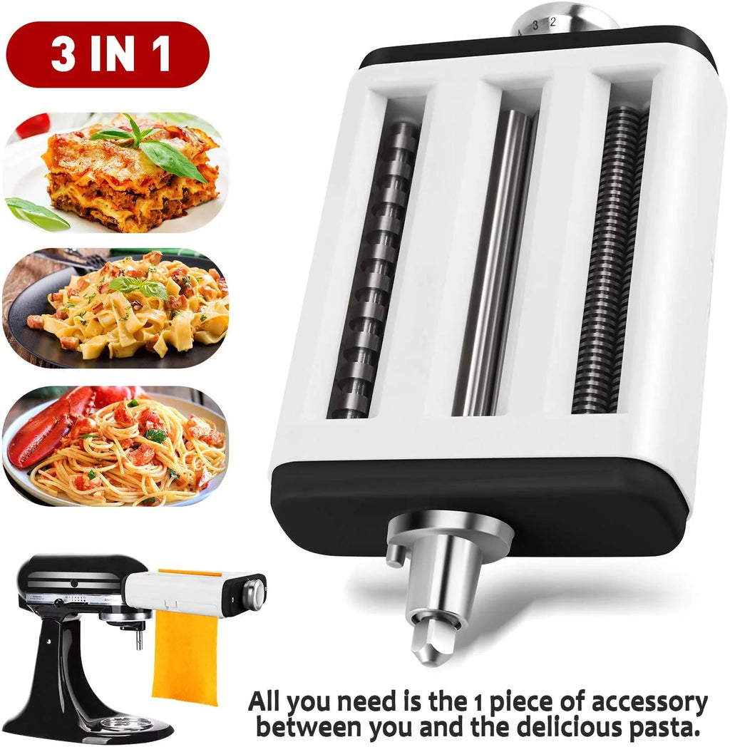 3 In 1 Pasta Maker Attachment for Kitchenaid Mixer with Pasta Dough Roller, Spaghetti Cutter, Fettuccine Cutter and Cleaning Brush S1881