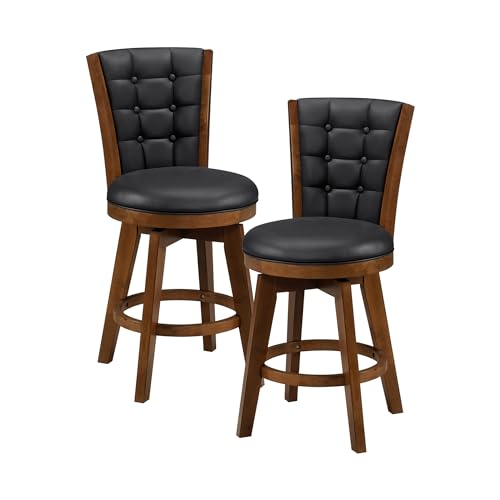 Swivel Bar Stools Set of 2, Counter Height, Chestnut Finish and Black Faux Leather Cushion Seat F48567