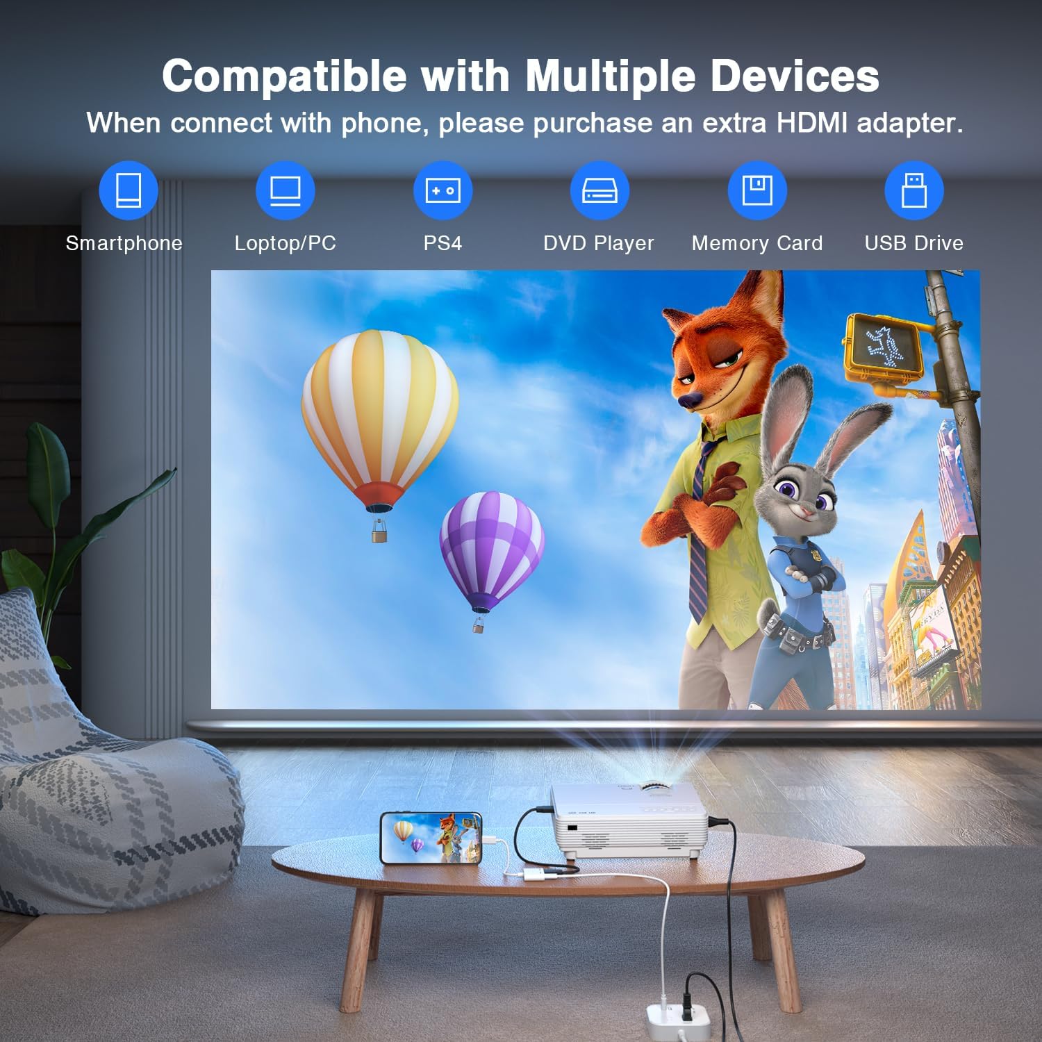 Mini Projector, Full HD 1080P Video Projector, Portable Outdoor Movie Projector X54668