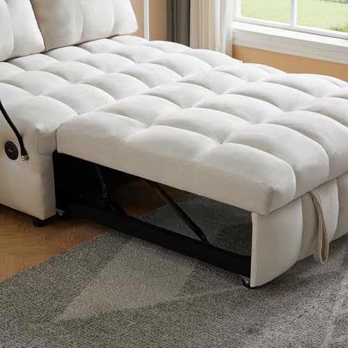 48" Convertible Sleeper Sofa Couch Bed, 3-in-1 Velvet Tufted Pull Out Couch with Charge Ports and Phone Holders, Comfy Modern Loveseat Sleeper Chaise Lounge (Grey) T1373