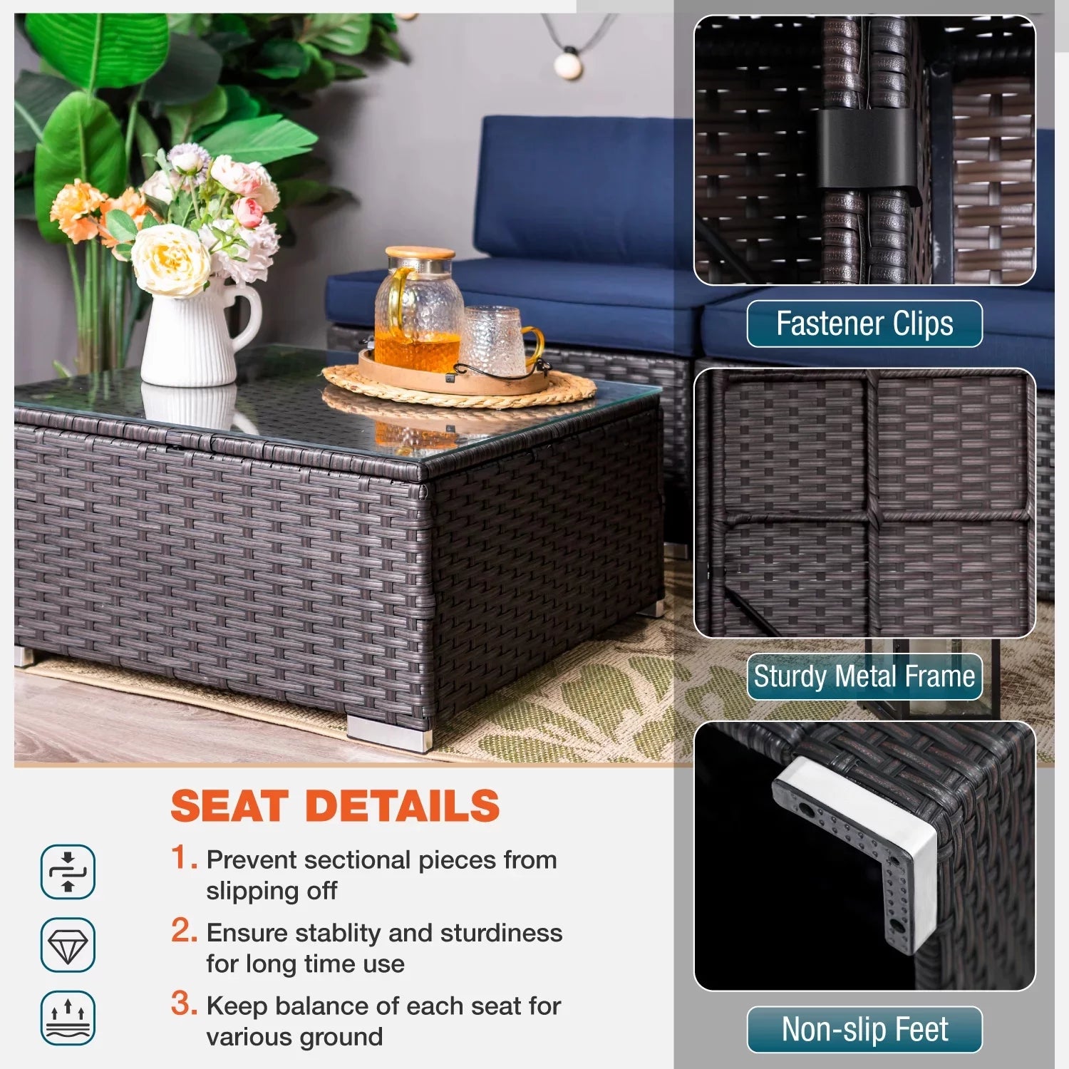 13 Pieces Navy Blue Outdoor Patio Furniture Set with Fire Pit Table M56492