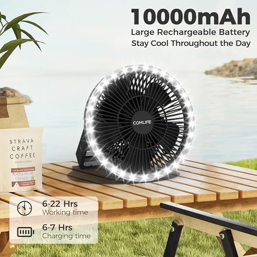 8-Inch Portable Camping Fan with LED Lantern, 10000mAh Rechargeable Battery Operated Tent Fan Q184745