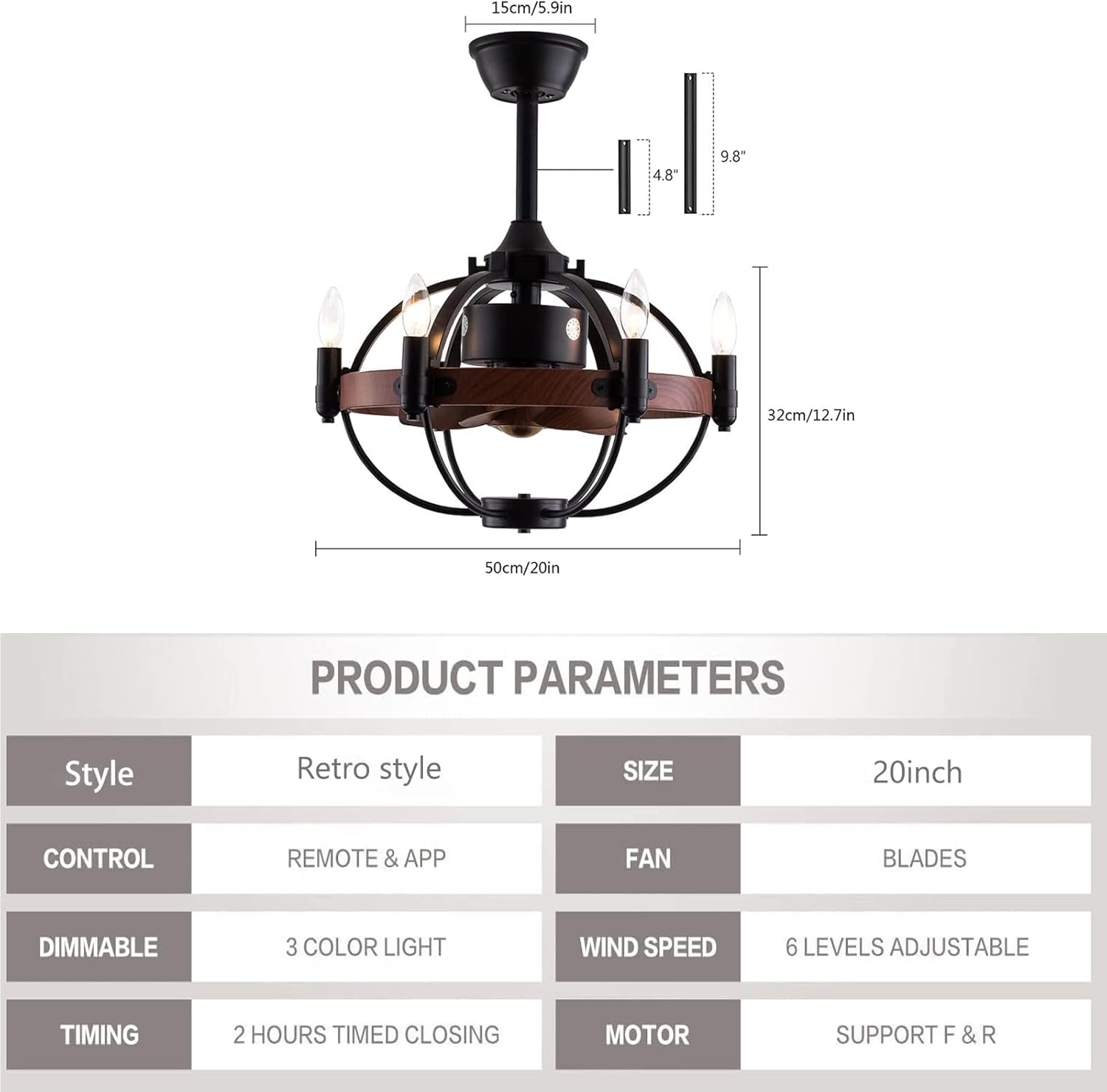 Black Cage Ceiling Fan with Light Remote Control P498