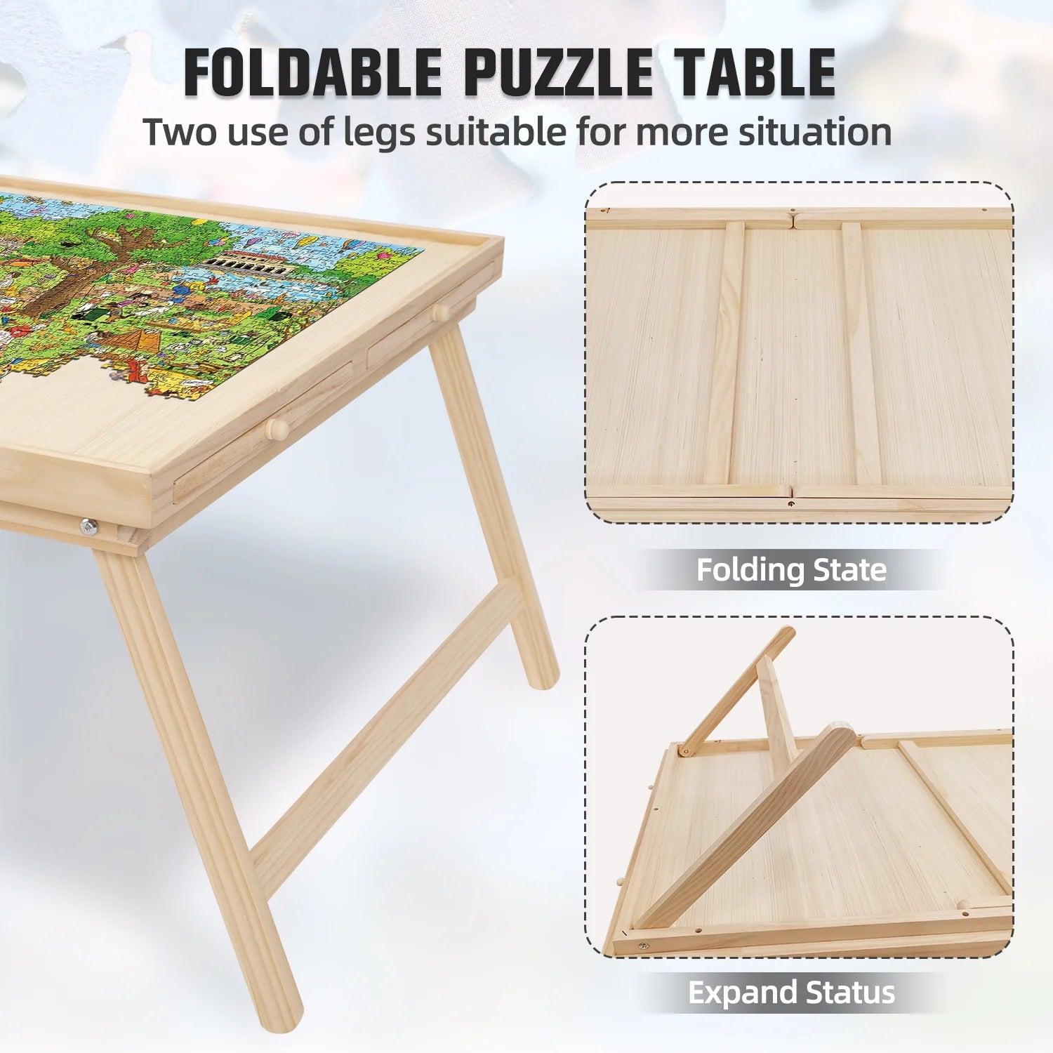 1500 Piece Wooden Jigsaw Puzzle Table with Folding Legs and 4 Drawers W735799