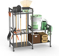 Garden Tool Storage Rack with 6 Hooks and 2-tier Metal Shelves X1755