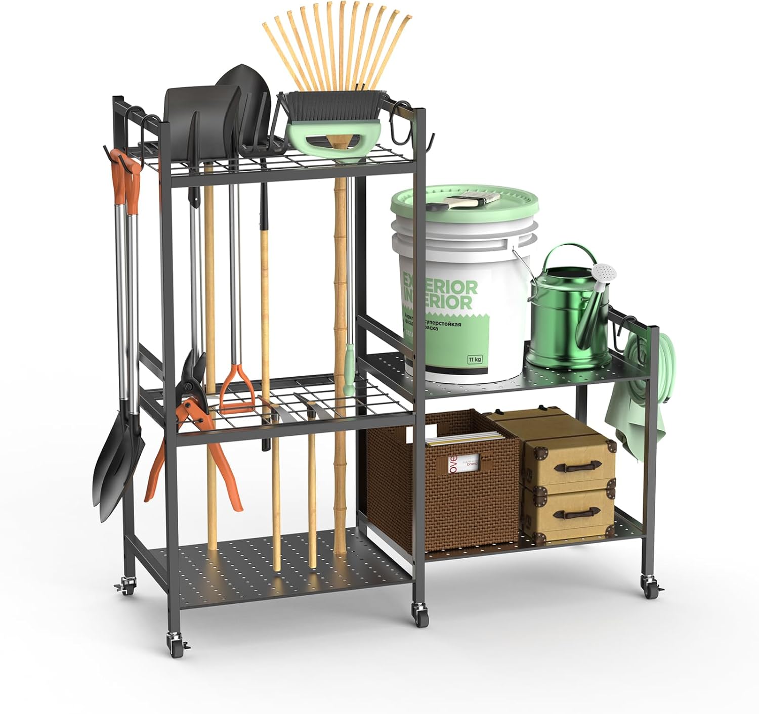 Garden Tool Storage Rack with 6 Hooks and 2-tier Metal Shelves X1755
