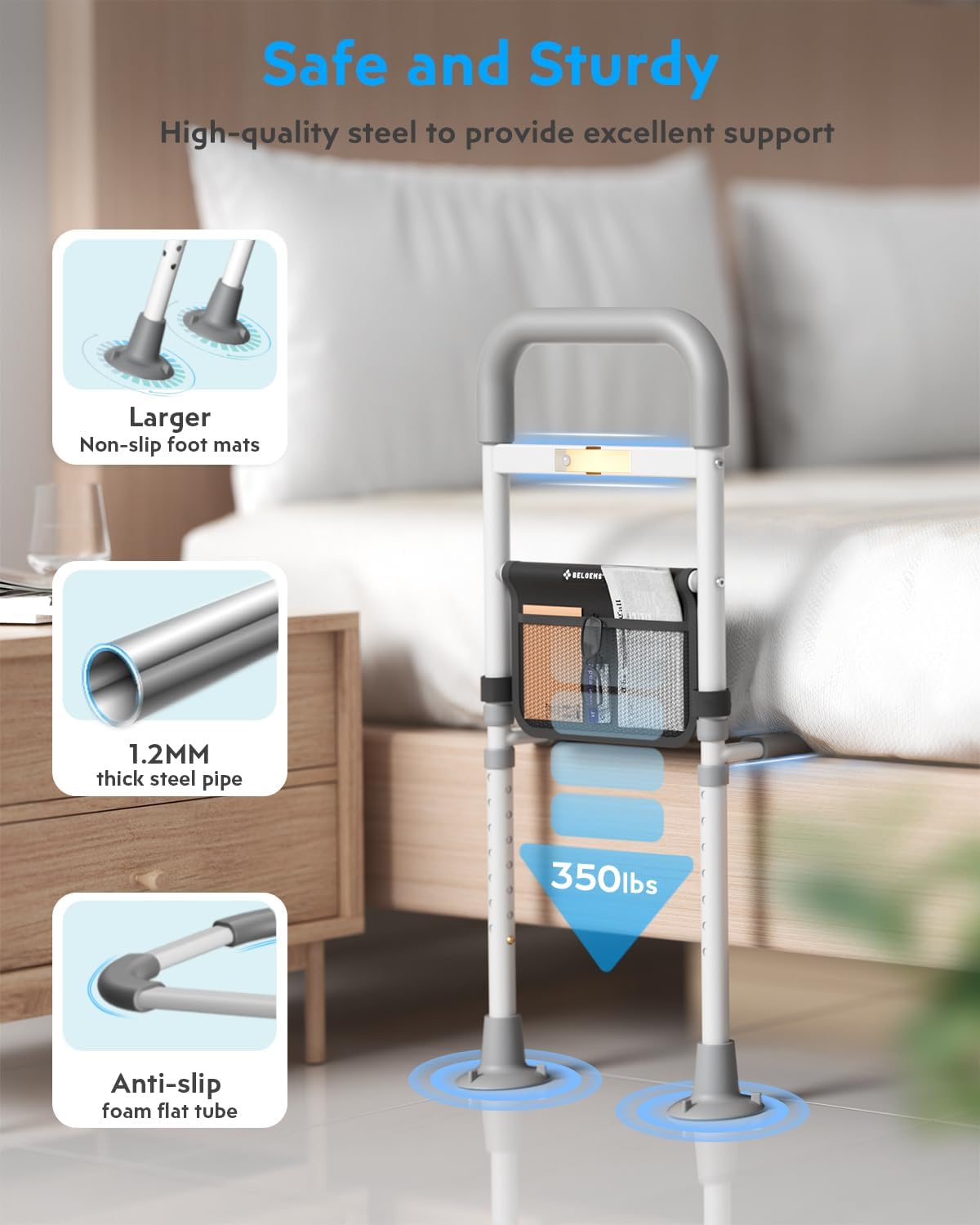 Grey Adjustable Bed Rail with Motion Sensor LED Light P4885