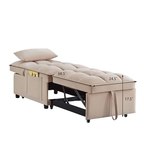 4-in-1 Folding Velvet Sleeper Chair Bed with Storage Pockets V28490