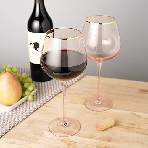 Rose Red Gold Rimmed Crystal Wine Glass Set of 2, 20 Ounces Y259