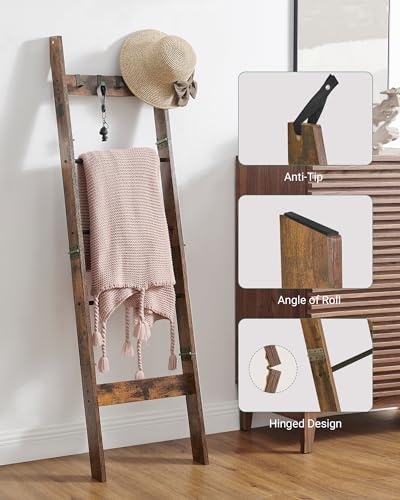 5-Tier Wood Blanket Ladder Shelf with 4 Removable Hooks V50833