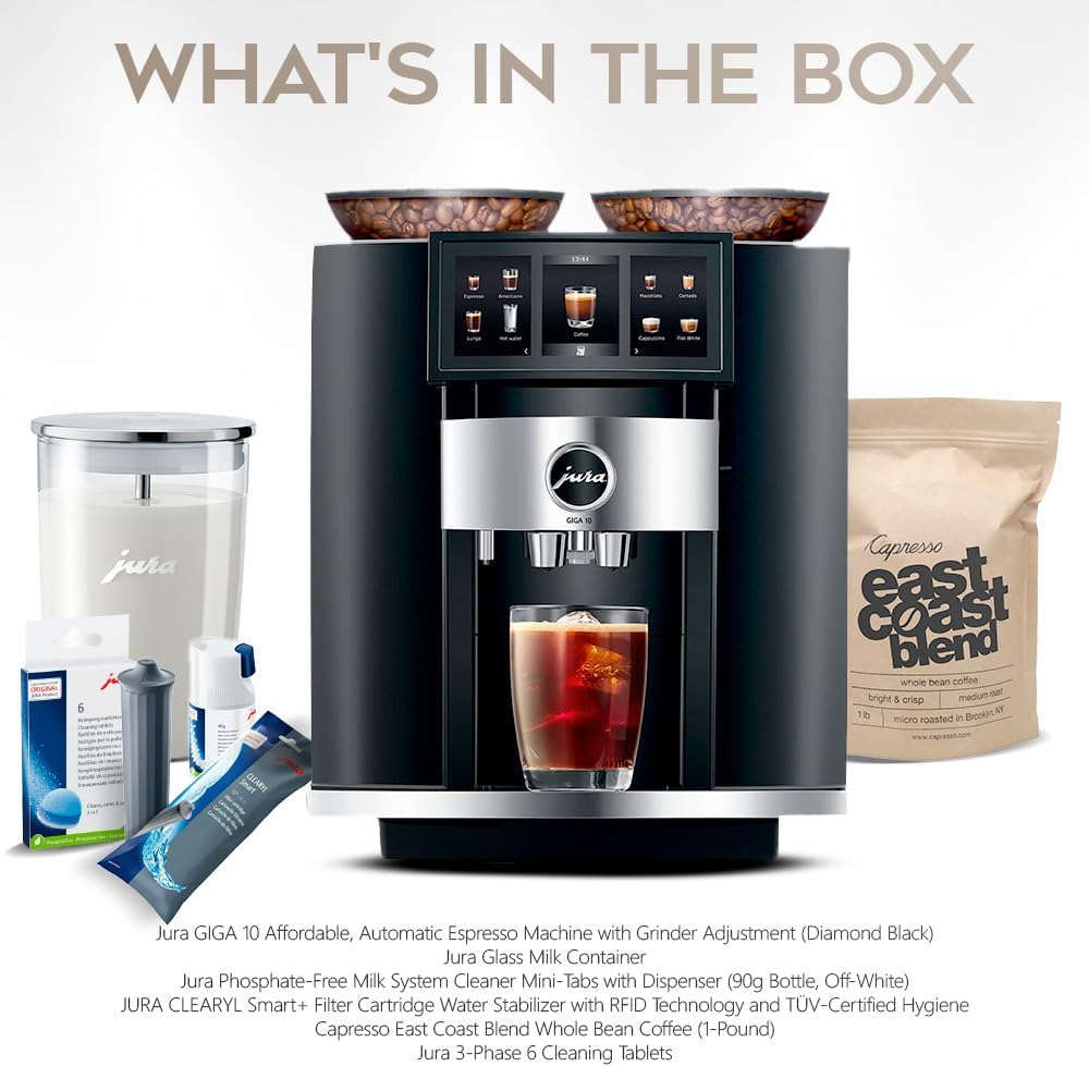 Diamond Black Automatic Espresso Machine Bundle with Water Stabilizer, Milk System Cleaner Mini-Tabs, Cleaning Tablets, Milk Containers, and Coffee Bean (6 Items) N124379