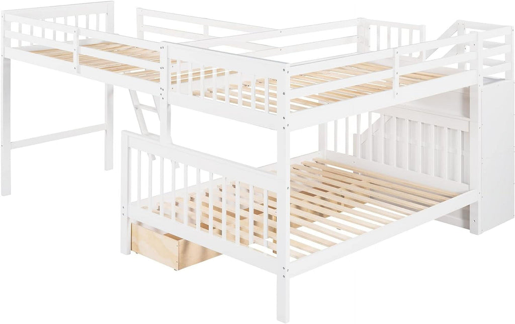 White Wooden Triple Bunk Bed With Stairs And 3 Storage Drawers D809846