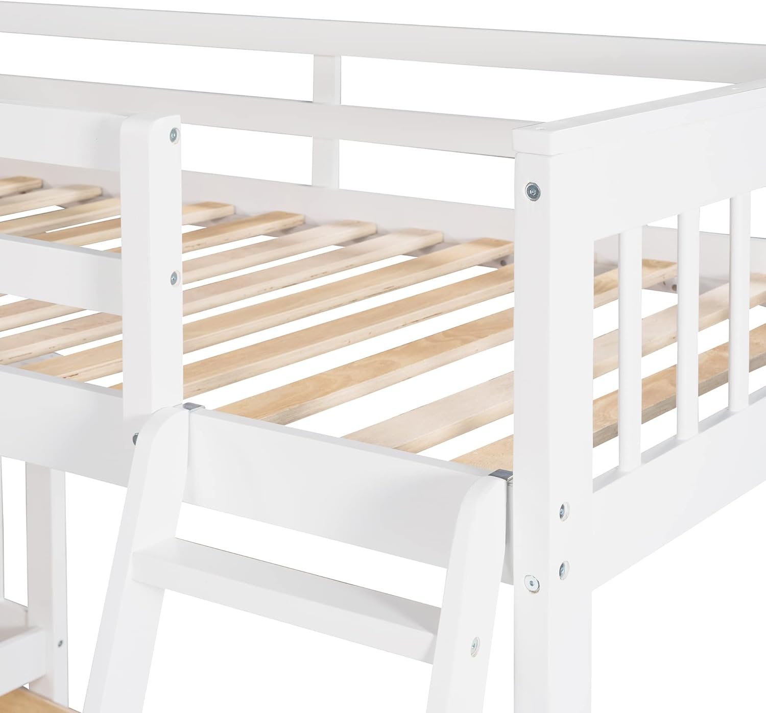 White Wooden Triple Bunk Bed With Stairs And 3 Storage Drawers D809846