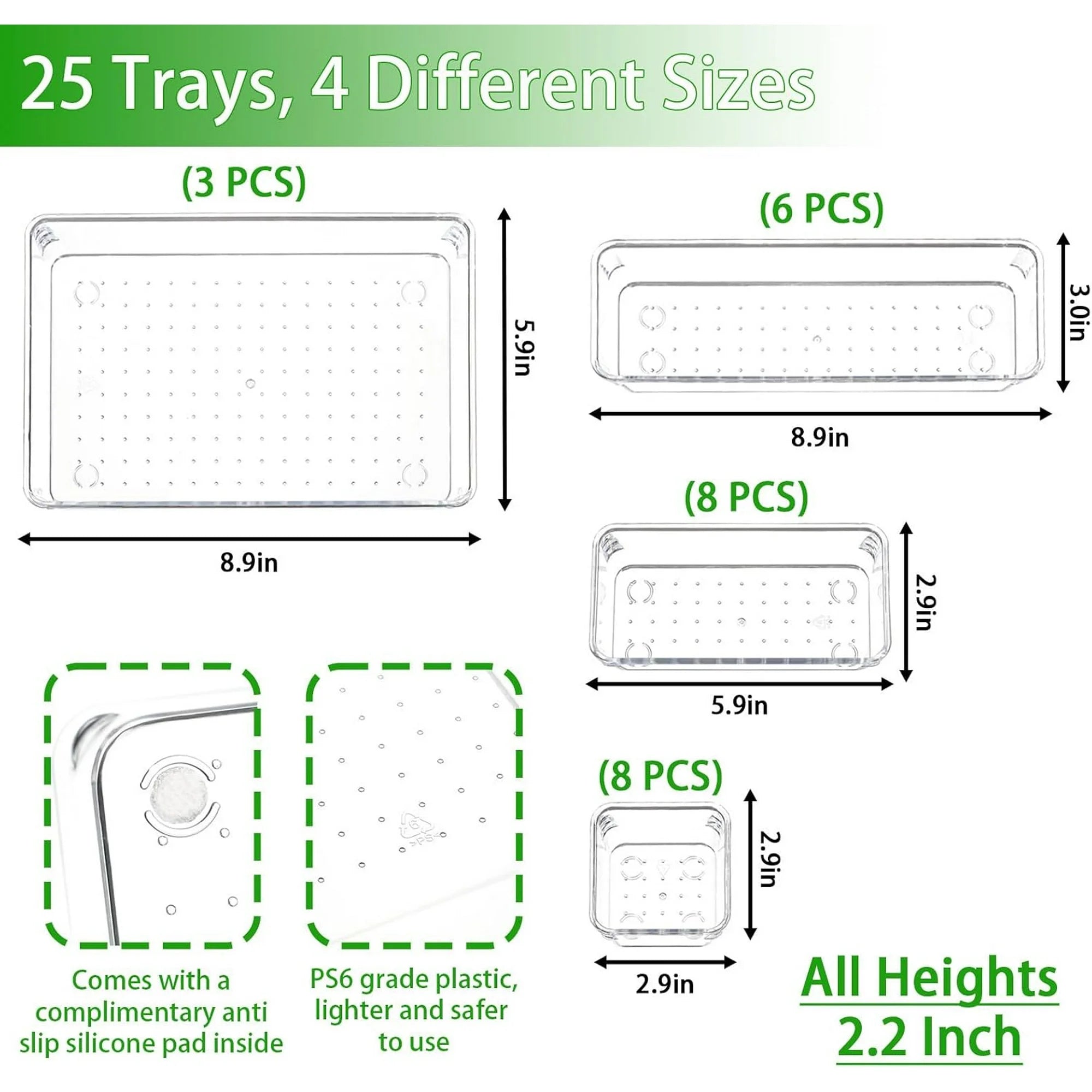 25 Pc Clear Plastic Drawer Organizer Set, 4 Sizes G996487