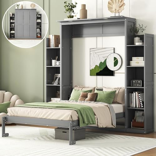 Grey Full Size Wood Murphy Bed with Storage Shelves and LED Lights P106235