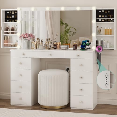White Vanity Desk with Mirror and Lights, 11 Drawers, Charging Station D559319