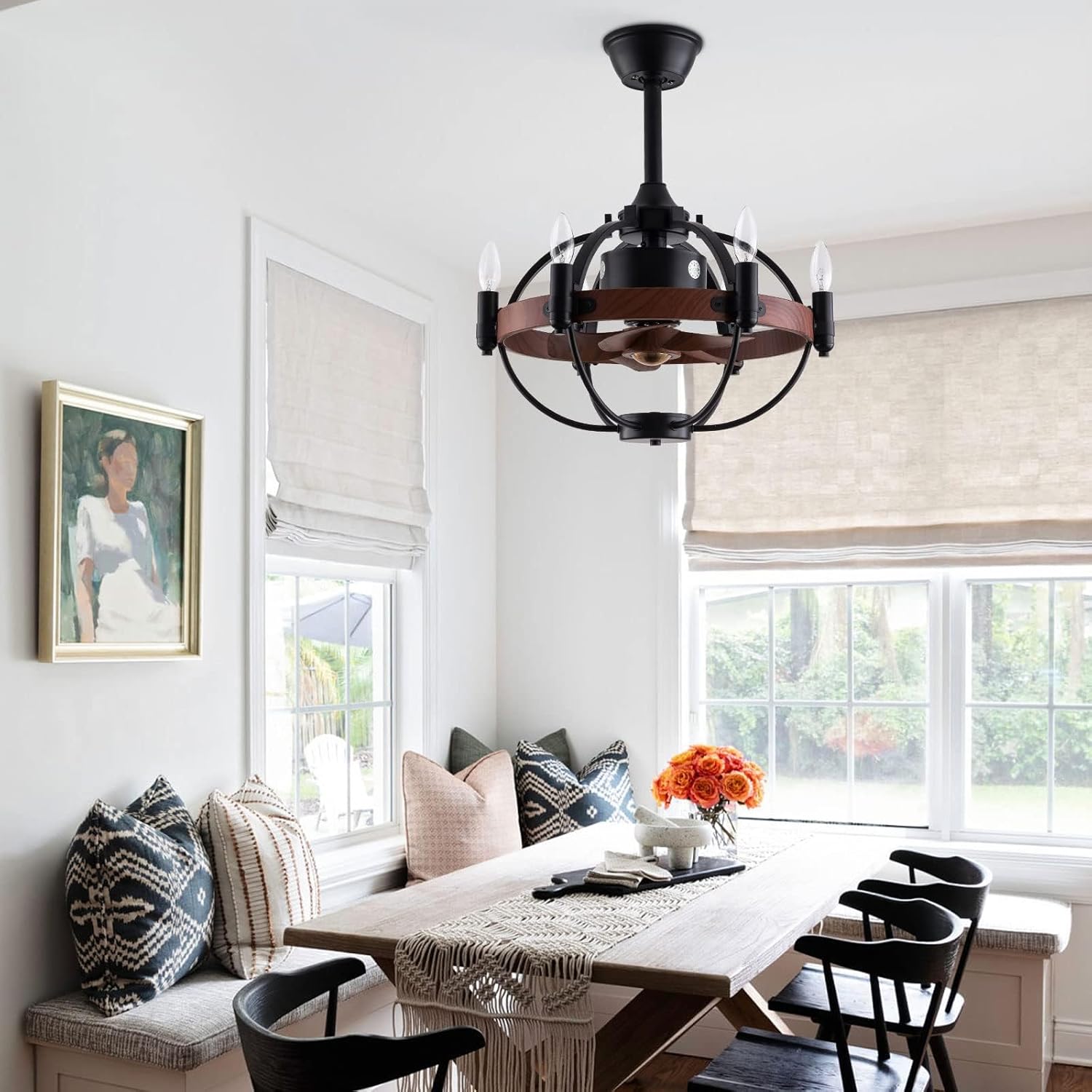Black Cage Ceiling Fan with Light Remote Control P498