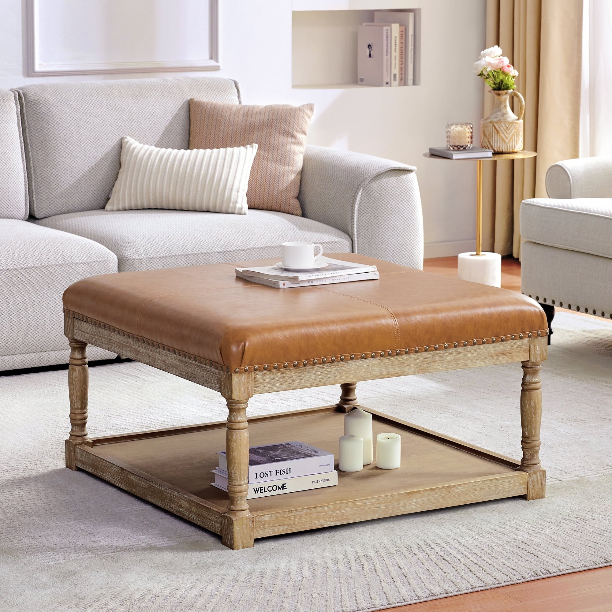 Large Square Ottoman Coffee Table with Storage Shelf (Brown) L199