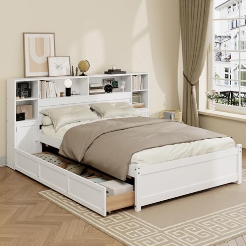 Twin Size Wood Storage Platform Bed with 6 Drawers and Bookcase Headboard U355943
