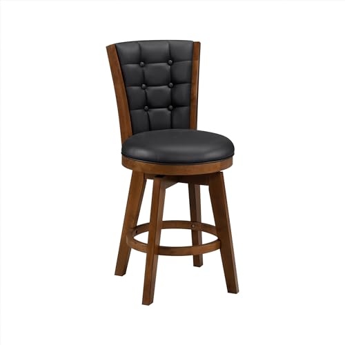 Swivel Bar Stools Set of 2, Counter Height, Chestnut Finish and Black Faux Leather Cushion Seat F48567