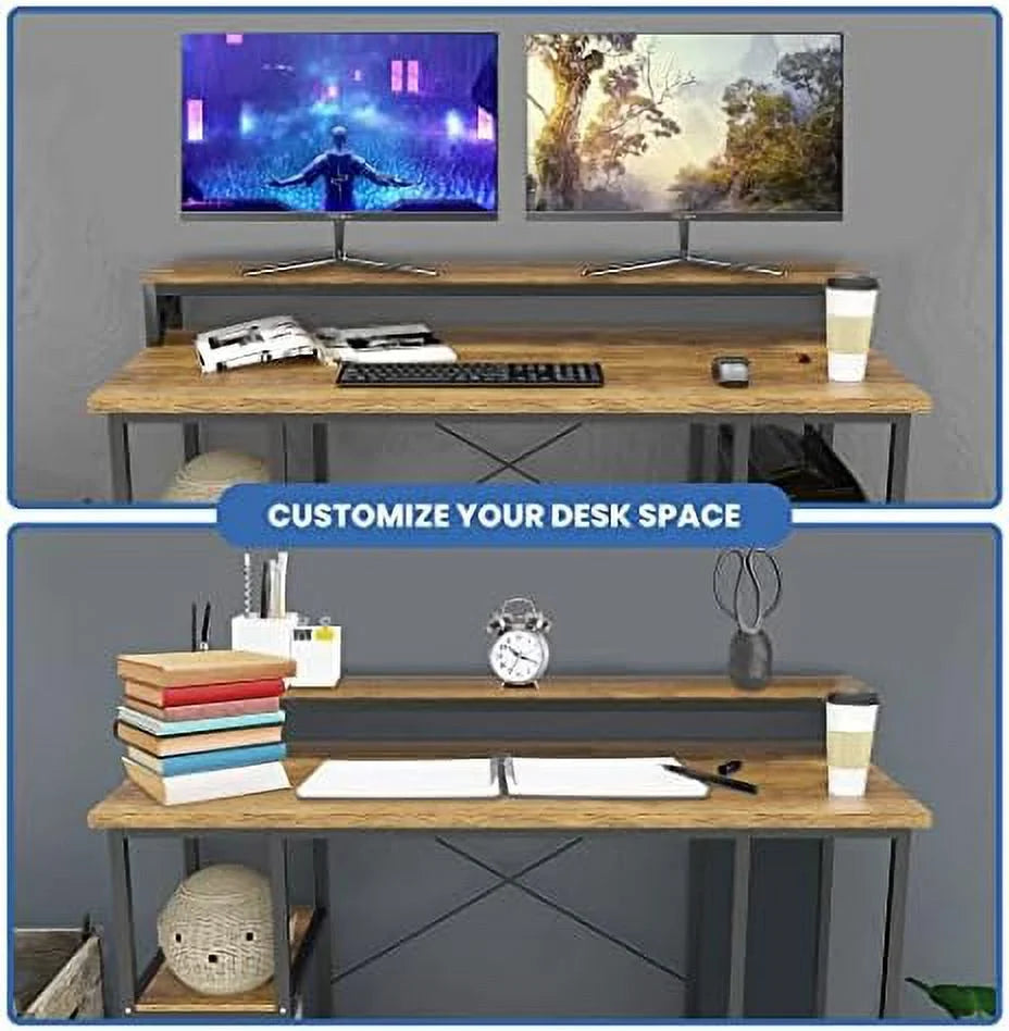 55 Inch Walnut And Black Wood Computer Desk With Monitor Shelf O347