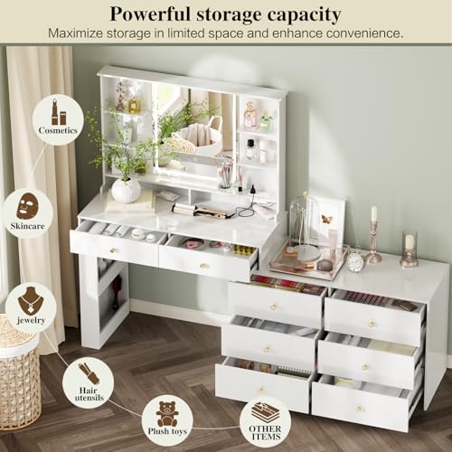 White 8 Drawer Vanity Desk with Mirror and Lights H261976