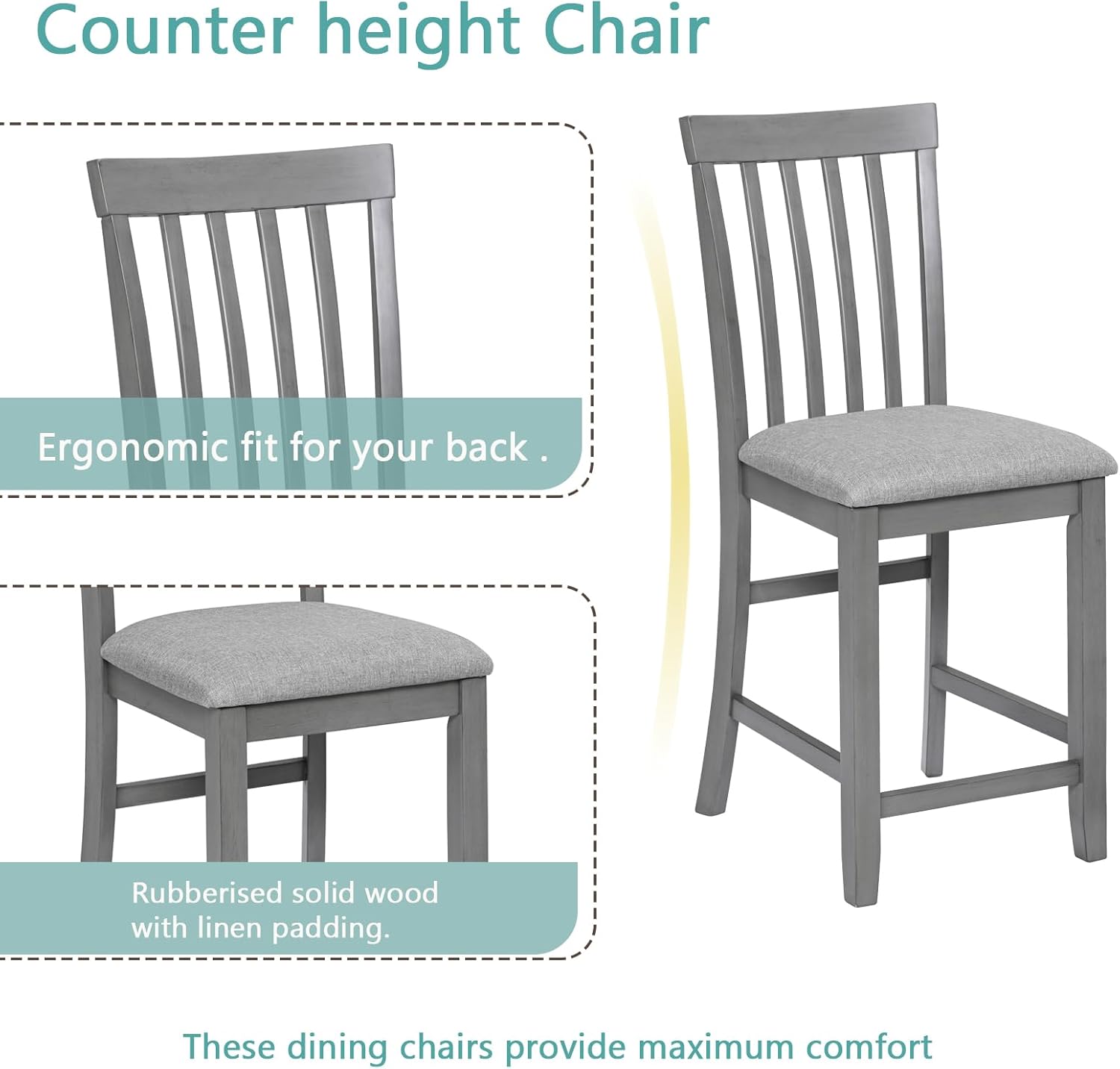 5 Piece Counter Height Dining Table Set with 4 Upholstered Chairs, Dove Gray P504