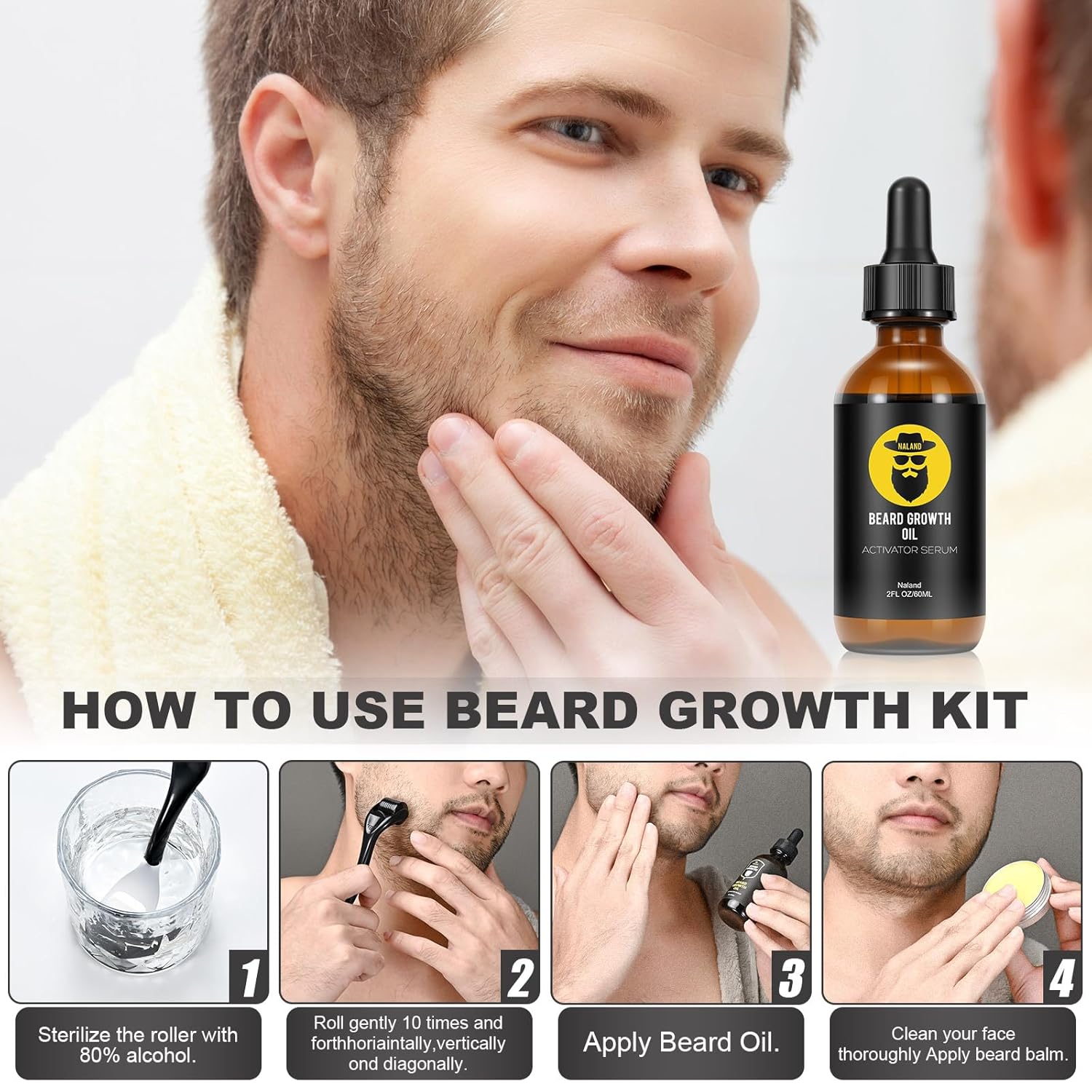 Beard Growth Kit with Beard Growth Oil (2 oz), Beard Balm and Comb T2329