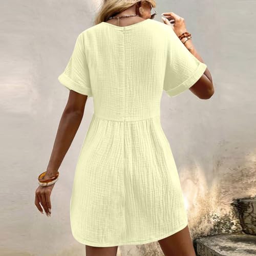 V Neck Short Sleeve Solid Loose Mini Dress with Pockets N9370