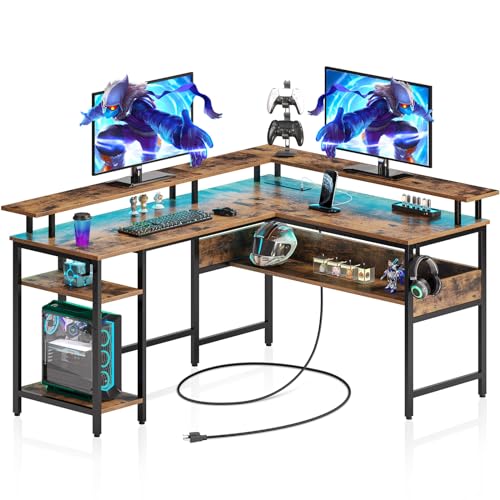 56.7" L Shaped Gaming Desk with LED Lights, Power Outlets, Carbon Fiber Surface, Monitor Stand, Storage, USB Port, Hook F183