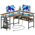 56.7" L Shaped Gaming Desk with LED Lights, Power Outlets, Carbon Fiber Surface, Monitor Stand, Storage, USB Port, Hook F183