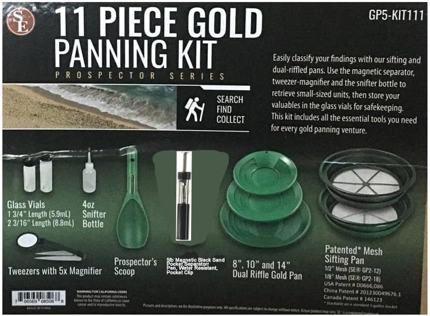 11-Piece Gold Panning Kit with Pans, Sieves, Tweezers, Glass Bottles, Sand Magnet L7372