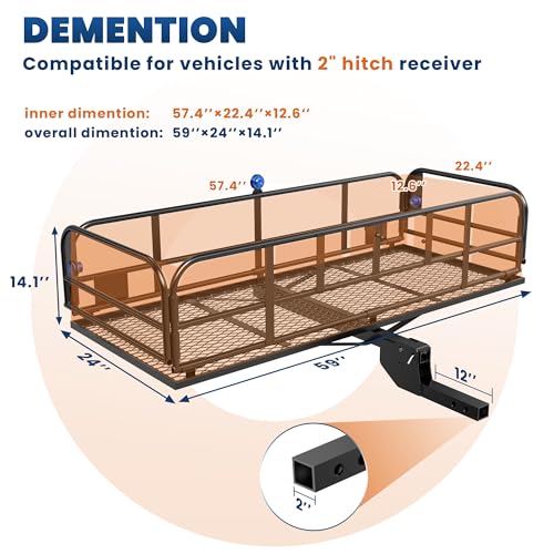 500 Lbs Folding Hitch Mount Cargo Carrier, 2" Hitch Receiver, 60" x 24" x 14" Size V826