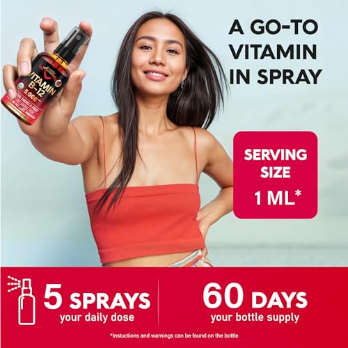 USDA Organic Vitamin B12 Spray 5000 mcg Liquid Vegan Methylcobalamin 2 fl oz F5340