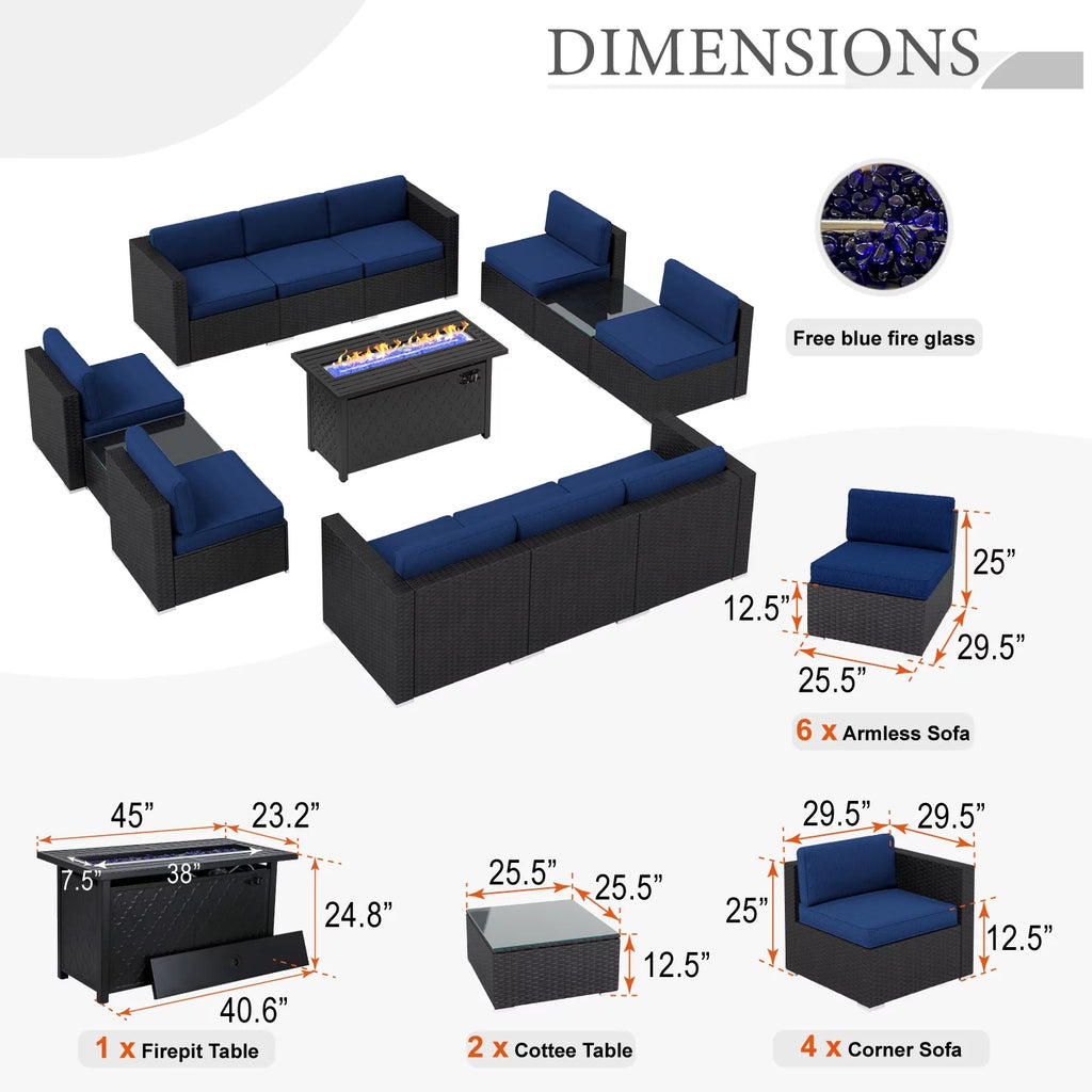 13 Pieces Navy Blue Outdoor Patio Furniture Set with Fire Pit Table M56492