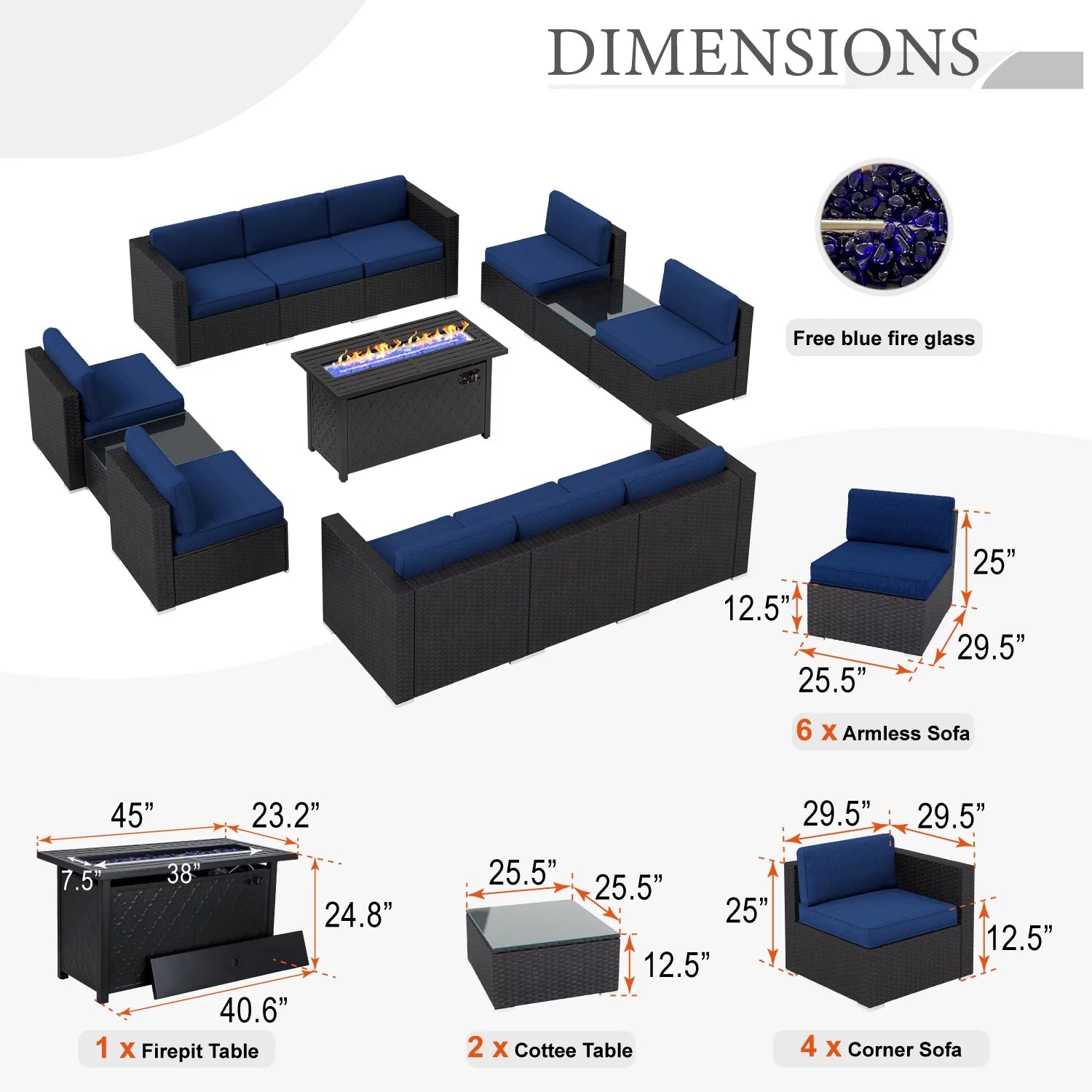 13 Pieces Navy Blue Outdoor Patio Furniture Set with Fire Pit Table M56492