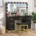 Black 44'' Vanity Desk with Lighted Mirror, 14PCS LED Bulbs, Cushioned Stool & 7 Drawers D79924