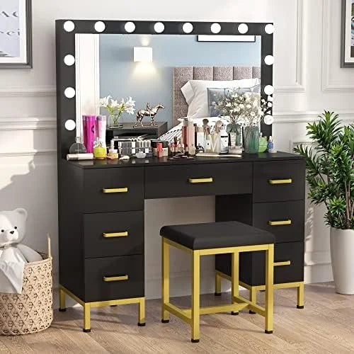 Black 44'' Vanity Desk with Lighted Mirror, 14PCS LED Bulbs, Cushioned Stool & 7 Drawers D79924
