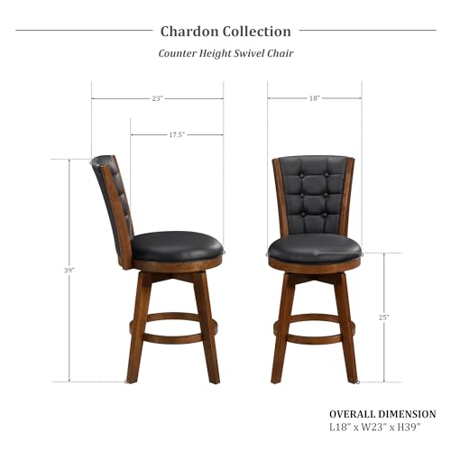 Swivel Bar Stools Set of 2, Counter Height, Chestnut Finish and Black Faux Leather Cushion Seat F48567