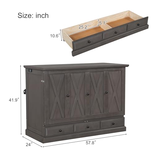 Gray Queen Size Solid Pine Murphy Bed with Charging Station Q946