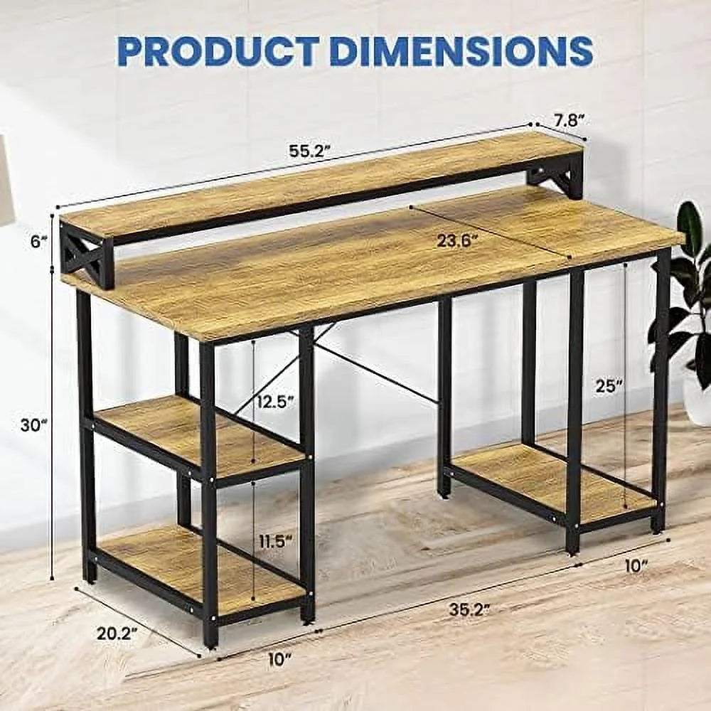 55 Inch Walnut And Black Wood Computer Desk With Monitor Shelf O347