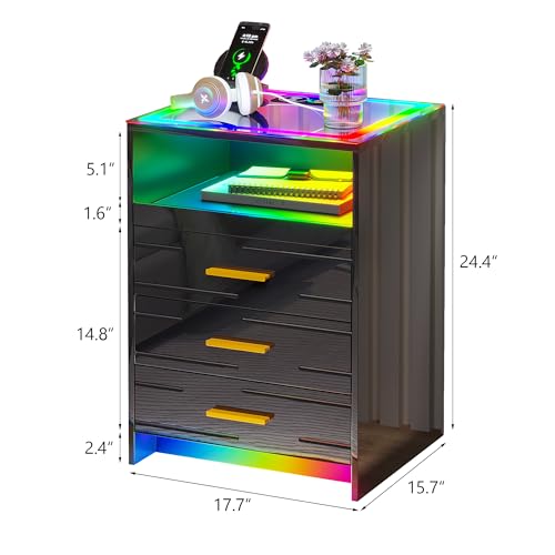 RGB LED Nightstand with 3 Drawers and Sliding Tray W352