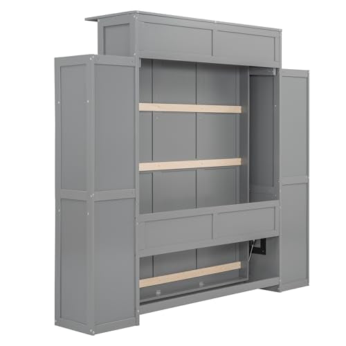 Grey Full Size Wood Murphy Bed with Storage Shelves and LED Lights P106235