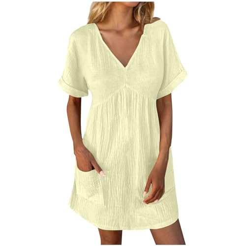 V Neck Short Sleeve Solid Loose Mini Dress with Pockets N9370