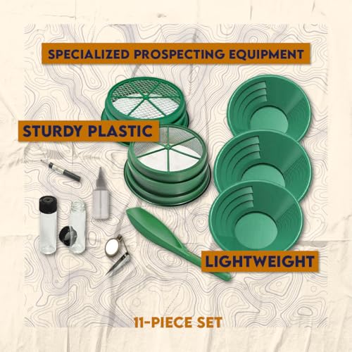 11-Piece Gold Panning Kit with Pans, Sieves, Tweezers, Glass Bottles, Sand Magnet L7372