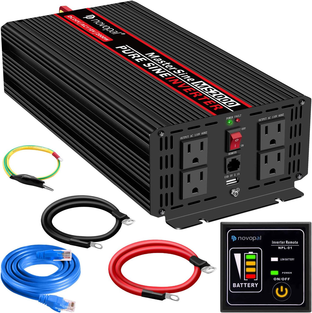 1000 Watt 24V DC to 110V AC Pure Sine Wave Power Inverter with 4 AC Outlets and USB Port Q552