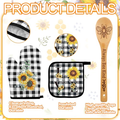 13 Pcs Bee Sunflower Kitchen Decor Set with Wooden Spoons, Kitchen Towels, Apron, Oven Mitts, Pot Holders Q279