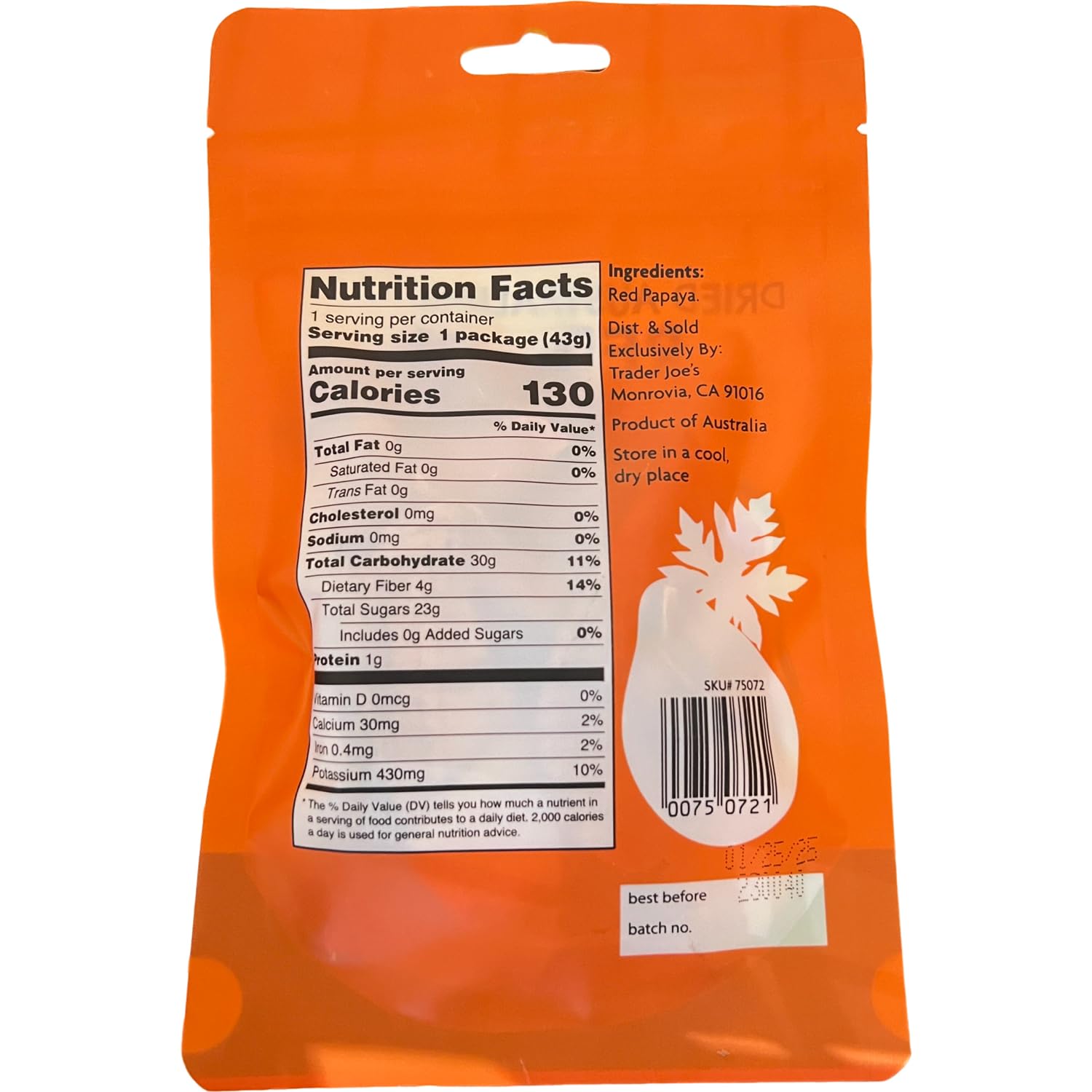 Dried Australian Red Papaya Unsweetened Unsulfured, 1.5 oz B9872