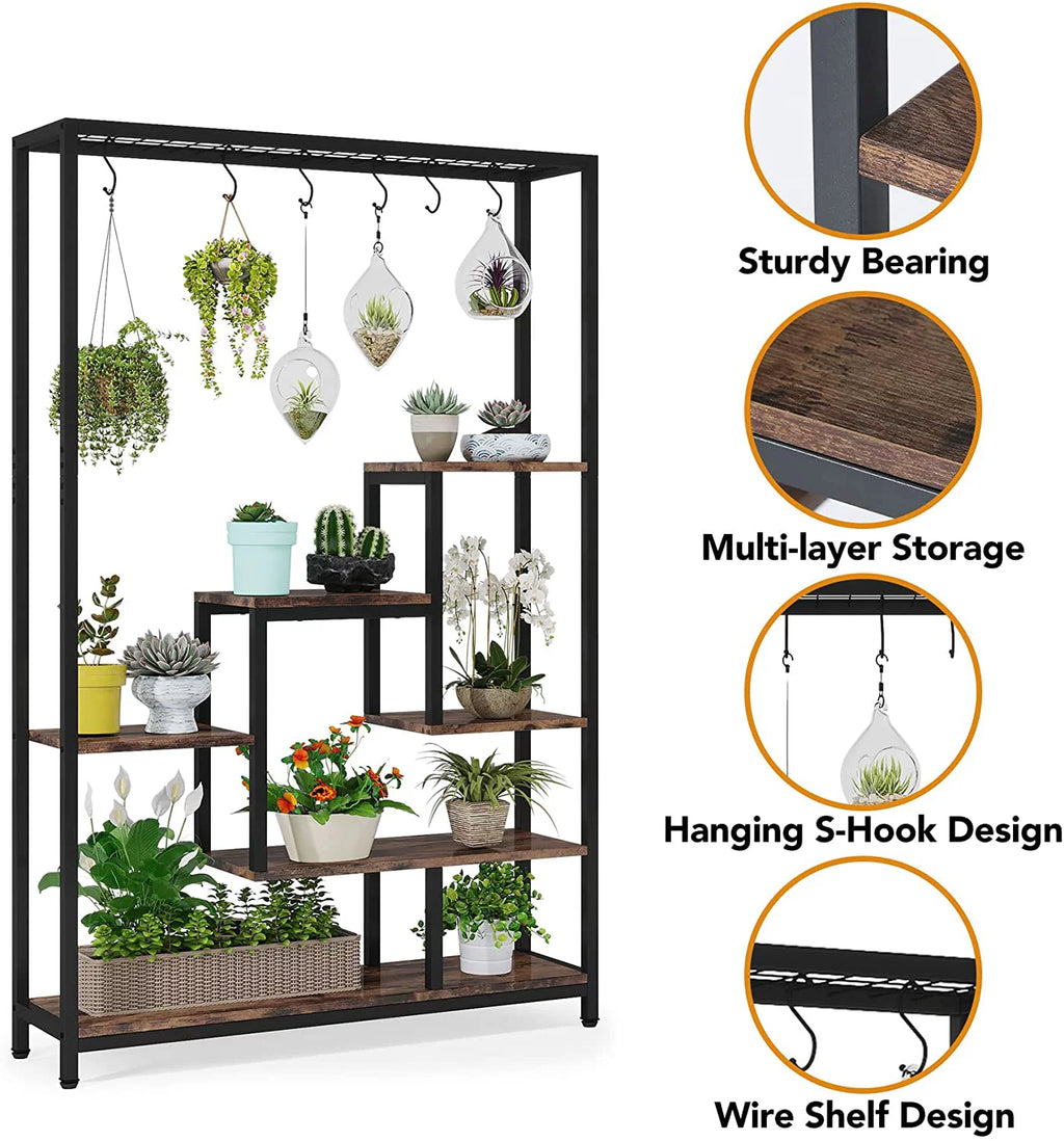 5-Tier Metal Plant Stand with 10 Hanging Hooks K59785